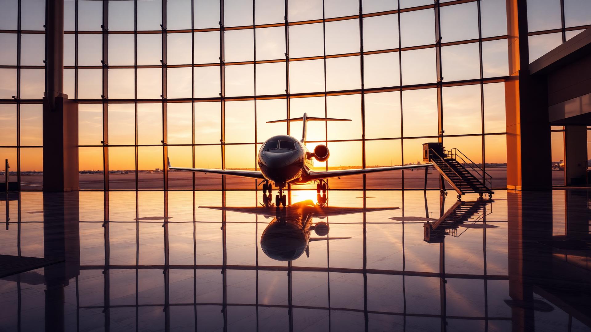 Luxury airport terminal at golden hour